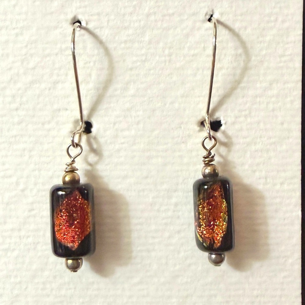Dichroic Glass Bead Drop Earrings Iridescent blk copper Cylinder Stephanie Aune